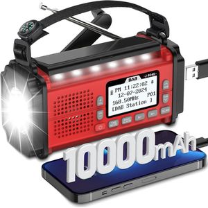 Noodradio - Zonneradio - Zwengelradio - Draagbare - Oplaadbare - met 52cm Antenne - LED-zaklamp - Leeslamp - DAB+/FM - Dynamo-radio - 10000 mAh - SOS-alarm - Geschikt voor Wandelen - Kamperen - Outdoor - Noodsituatie - Rood