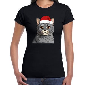 Bellatio Decorations Kerst T-shirt voor dames - lichtgrijze kat/poes met kerstmuts - zwart - Kerstfeest XS