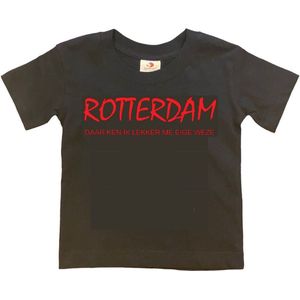 Rotterdam Kinder t-shirt | Rotterdam daar ken ik lekker me eige weze | Verjaardagkado | verjaardag kado | grappig | jarig | Rotterdam | Feyenoord | cadeau | Cadeau | Zwart/rood | Maat 134/140