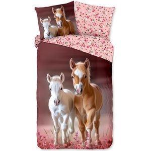 Joli - Dekbedovertrek - Roze - Katoen - 140x220 cm - Paarden en Bloemen