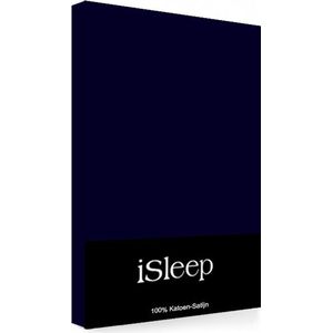 iSleep Satijn-Katoen Hoeslaken - Hoge Hoek - Tweepersoons - 160x200+40 cm - Donker Blauw