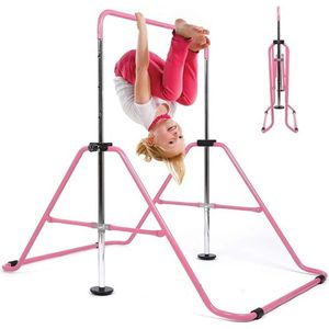 Rekstok voor Kinderen - Duikelrek voor Thuis - Turnen - Gymnastiek - Opvouwbaar - Binnen en Buiten - In Hoogte Verstelbaar - Jongens en meisjes - Roze