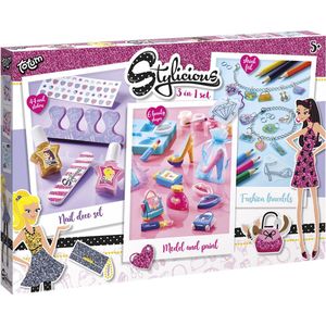 Totum Fashion & Beauty 3 in 1 knutselset creatief speelgoed incl kinder nagellak, armbandjes maken met krimpfolie bedels, mode gips figuren gieten en beschilderen - cadeau tip