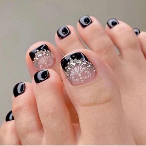 Allecto plus - Set van 24 vierkante zwarte nep teennagels met strass en bloemprint - Valse teennagels voor dames en meisjes