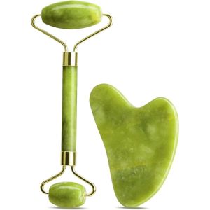 TRANKIELO® - Huidverzorgingsset met Jade Rol en Gua Sha Tool – Quartz Gezichtsroller – Anti-verouderingsmassage Tools voor Gezicht, Ogen en Nek - Groen