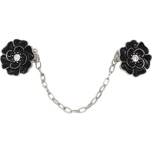 Fako Bijoux® - Vestsluiting - Vestclip - Sjaalspeld - Vestklem - Zwarte Bloem - Zilverkleurig