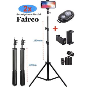 Camerastatieven 210cm Incl. Bluetooth Afstandsbedieningen, Telefoonhouder, 360 ° Mini balhoofd en GoPro Adapter - Camerastatief - smartphone Tripod –- 2STUKS --- FAIRCO®