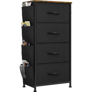 Ladecommode dressoir met zijzakken en haken - stof - 4 laden - handgrepen - metalen frame - houten blad - slaapkamer woonkamer - kinderkamer hal - zwart