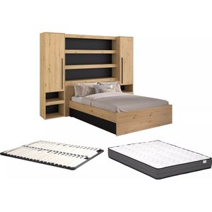 Vente-unique Bed met bedbrug 140 x 190/200 cm met opbergruimte - Met ledverlichting - Kleur: naturel en zwart + bedbodem + matras - VARLY L 269.7 cm x H 202.8 cm x D 204 cm