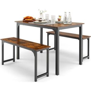 Eettafel met 2 banken, keukentafel voor 2-4 personen met roestvrij metalen frame, 3-delige set voor keuken, woonkamer, eetkamer