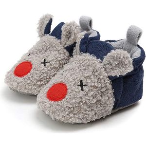 Babyslofjes - Antislip – Fleece voering - Slofjes voor je baby, dreumes voor jongens en meisjes – 6-12 Maanden (12cm) – Blauw - Grijs - Rendier