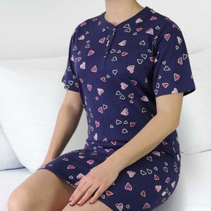 Irresistible Dames Nachthemd - Roze Hartjes - Katoen - Blauw - Maat S