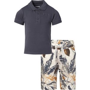 Noppies - Bio kledingset - 2delig - broek Giridih - Antique White met print - polo shirt Giresum - Ebony - Maat 92