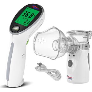 Promedix draagbare / handheld draadloze vernevelaar inhalator, kit, maskers, PR-835 + Promedix PR-960 contactloze infrarood thermometer