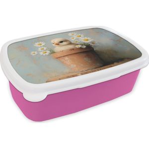 Broodtrommel Roze - Lunchbox Bloempot - Kuiken - Bloemetjes - Brooddoos 18x12x6 cm - Brood lunch box - Broodtrommels voor kinderen en volwassenen