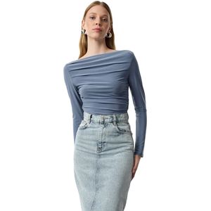Trendyol Indigo Gedrapeerde, Elastische Gebreide Blouse Met Boothals Twoaw25Bz00109