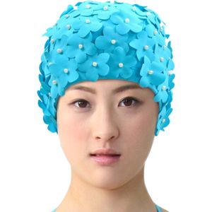 Retro Badmuts met bloemen en parels - Aqua blauw- voor zwemmen en douchen
