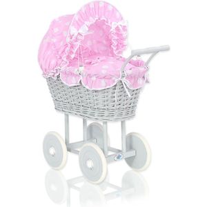 Rieten poppenwagen met roze beddengoed en vulling - grijs