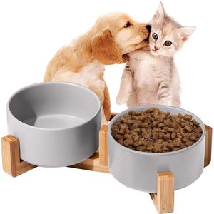 Bamboe standaard voor kleine huisdieren - moderne voer- en drinkset (grijs) elevated dog bowls