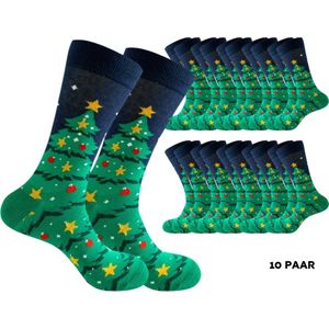10 paar Kerstsokken met kerstboom met rode ballen en gouden sterren - Sokken heren/dames maat 40-45 - grappig design kerstcadeau - Groepscadeau