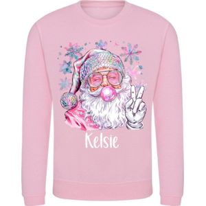 Kersttrui voor een meisje-leuke sweater kerstdiner school-pink disco santa met eigen naam-Maat 86/92