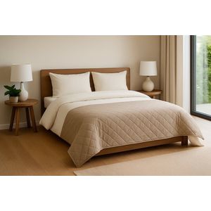 Fameilleur Dekbedovertrek 200x200/220 cm + Bedsprei 200x220 cm – 2-Persoons – Inclusief 2 Kussenslopen – Taupe – Luxe Kreukvrij Bedtextiel – Polyester – Strijkvrij – Slaapkamer Styling – Gestikte Sprei –Overtrek met Drukknopen-dek bed overtrek- sprei