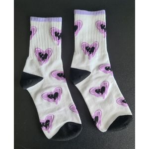 Kawaii - Sokken, wit met zwart-paarse hartjes (kawaii, animé, manga, Harajuku, Azië, Asia, Japan, Korea, Kpop)