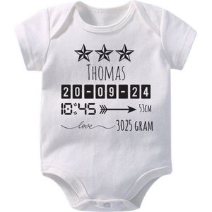 Hospitrix Baby Rompertje met Geboortegegevens Zwart Jongen | Korte Mouw | Cadeau voor Zwangerschap | Bekendmaking | Aankondiging