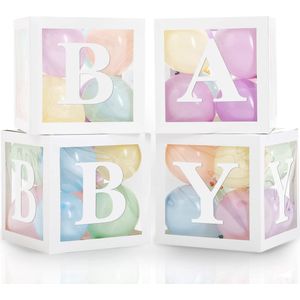 Vier doorzichtig letter ballon blokken Baby wit met 24 pastelkleurige ballonnen - ballon - box - babyshower - geboorte - baby - zwanger