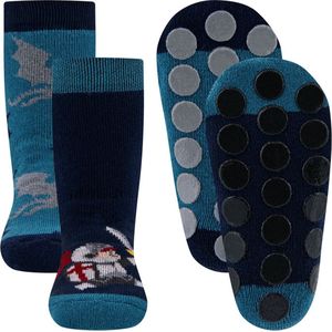 Ewers Antislipsokken - 2-PACK - Donkerblauw met Ridder & Staalblauw met Draken Blauw/Grijs - Siliconennoppen-19/22