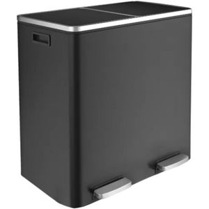 Pedaalemmer 2 vakken - 60L - Prullenbak - Afvalscheiding - RVS - Softclose - Anti-slip - Zwart