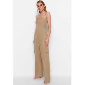 Trendyol Kameel Cargozak Strapless Kraag Maxi Geweven Jumpsuit Twoss23Tu00192