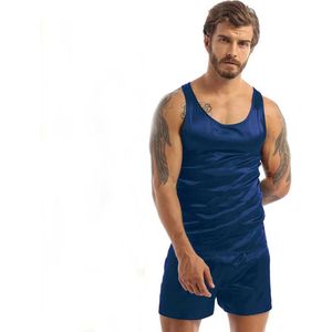 Satijnen Heren Pyjama 2-delig – Hemd & Korte Broek – Blauw – Loungewear Set