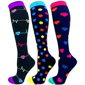 Compressiesokken 3 paar - Compressiekousen - sokken - kousen - GrandSock - sportsokken - heren / vrouwen - zwart / blauw - leuke print - gestipt / hartjes - L / XL