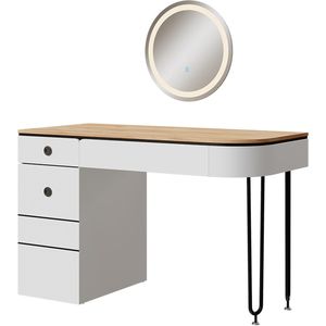 Vicco Mia Kaptafel – 120 cm met LED-spiegel Wit/Natuurlijk hout met LED-spiegel