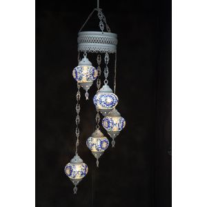 Hanglamp multicolour blauw glas mozaïek 5 bollen Turkse Oosterse Crèmewit Marokkaanse kroonluchter