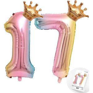 Cijfer Ballon nummer 17 - Prins - Prinses - Royal Rainbow - Ballon - Regenboog Unicorn Kleuren - Prinsessen Verjaardag