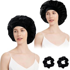 2 Stuks Satijnen Slaapmutsen met 2 Haarbanden - Verstelbare Nachtmutsen voor Dames met Lang of Krullend Haar