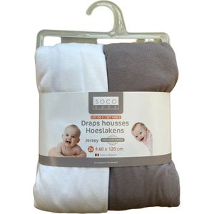 2-1 hoeslaken - jersey - 60x120 cm - Wit - Taupe - 2 stuks - Baby