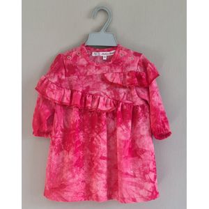 Jurk tie dye print - ruches - pofmouwen - gerimpeld - baby - meisjes - rood / roze - maat 68