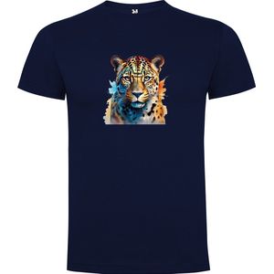 Donker Blauw T-Shirt met “Kleurrijke Luipaard“ Print Full Color Maat S