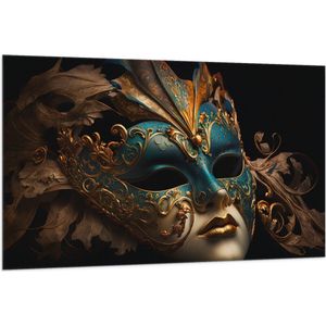 Vlag - Venetiaanse carnavals Masker met Blauwe en Gouden Details tegen Zwarte Achtergrond - 150x100 cm Foto op Polyester Vlag