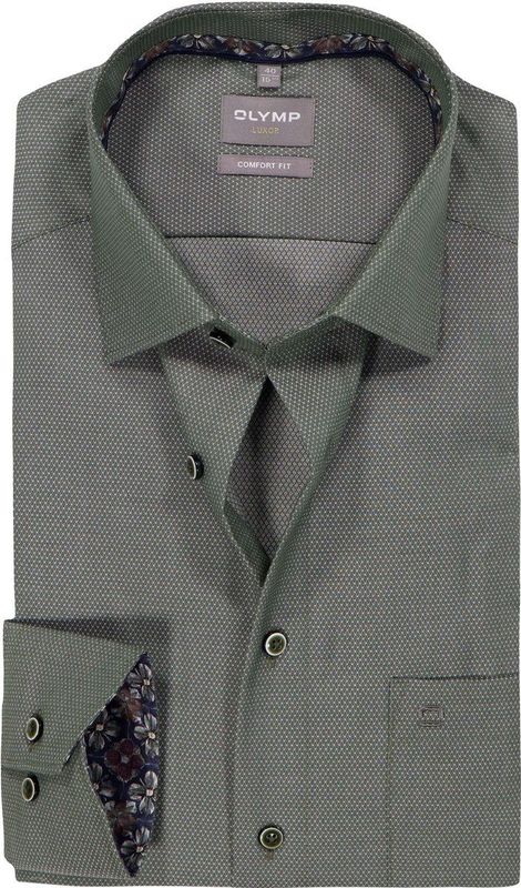 OLYMP Luxor comfort fit overhemd - structuur - grijsgroen - Strijkvrij - Boordmaat: 45