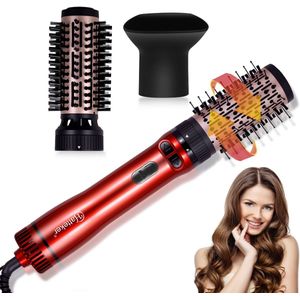Hatteker 3-in-1 Fohnborstel met Automatische Rotatie, Keramische Ionen Technologie, Haardroger en Styling Set Rode