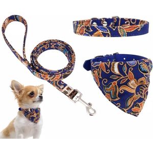 Halsbandenset hond - Vrolijke halsband, bandana en hondenriem - Uitlaat set voor honden - Blauw - Maat S