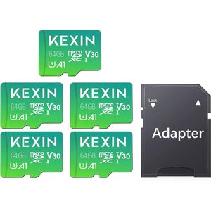 5-pack Micro SD-kaart 64 GB met SD-adapter - A1, U3, V30, C10 voor 4K Full HD video-opname