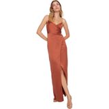 Trendyol - Tprss21Ae0065 - Gevoerde Geweven Satijnen Lange Avondjurk - Bruin