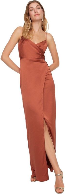 Trendyol - Tprss21Ae0065 - Gevoerde Geweven Satijnen Lange Avondjurk - Bruin