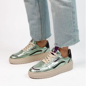 Manfield - Dames - Groene leren metallic sneakers - Maat 36