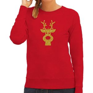 Rendier hoofd Kerst trui - rood met gouden glitter bedrukking - dames - Kerst sweaters / Kerst outfit S